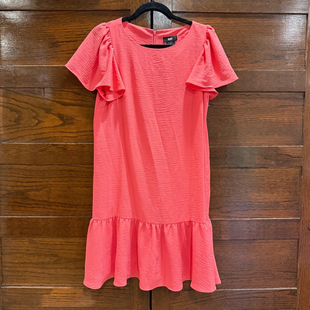 DKNY sz 10 bright Coral Pink Mini Dress short flutter sleeve flounce hem texture